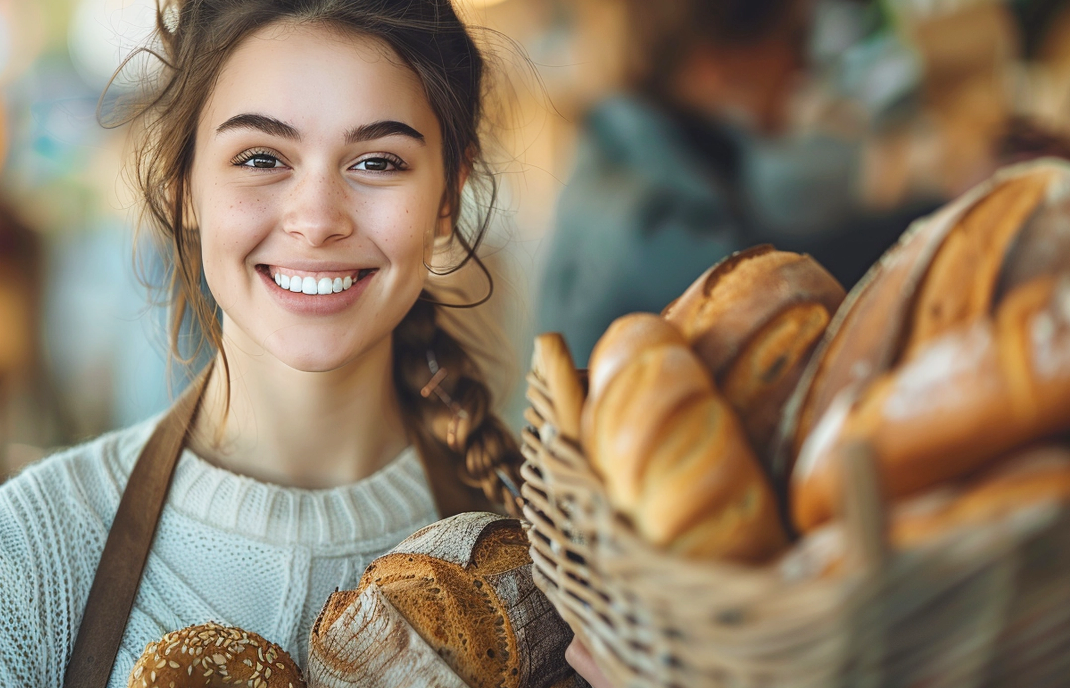 Mujer joven sonriente junto a una cesta de mimbre con hogazas de pan